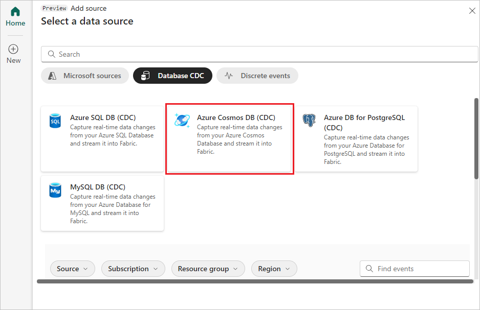 Uma captura de tela da seleção do Azure Cosmos DB (CDC).