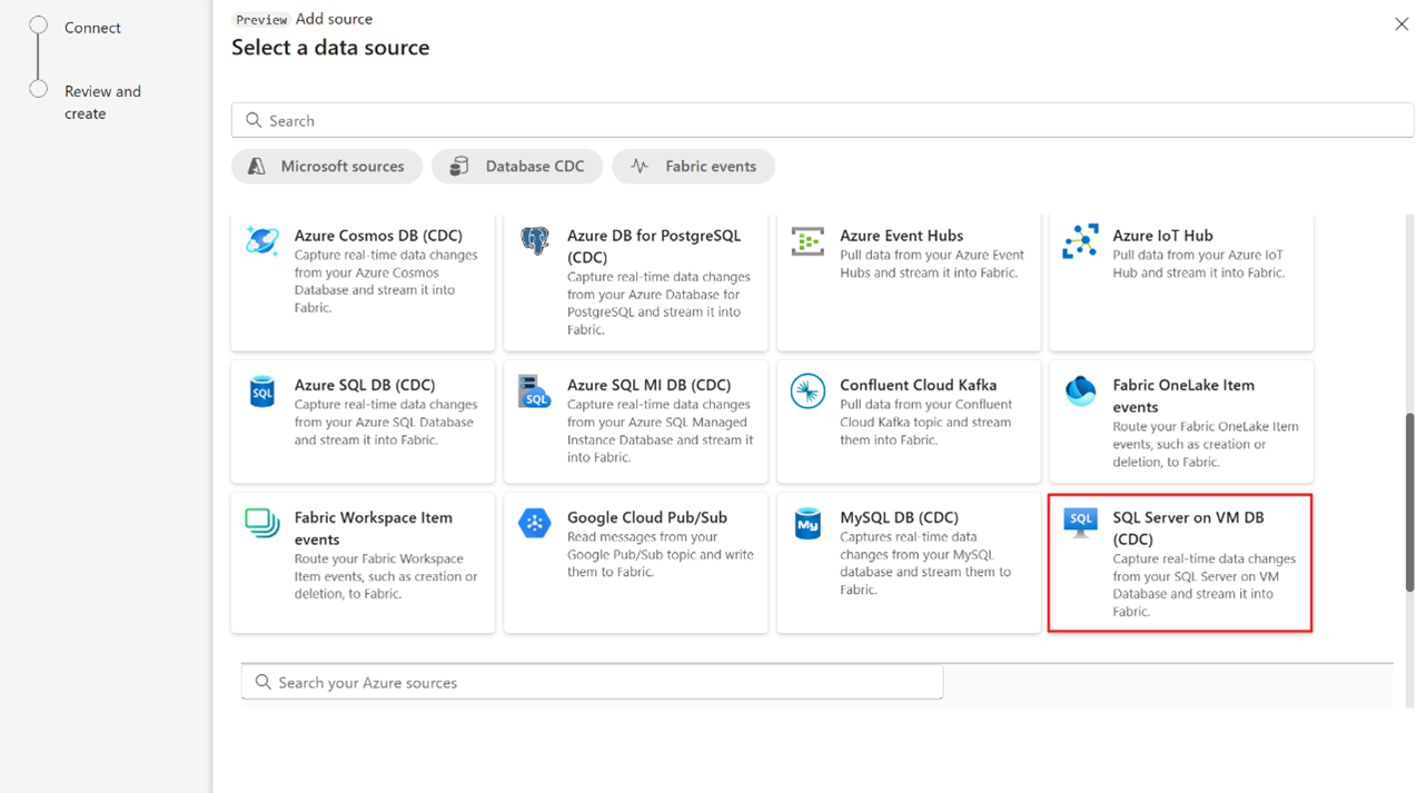 Captura de tela que mostra a seleção do SQL Server no conector VM DB (CDC).
