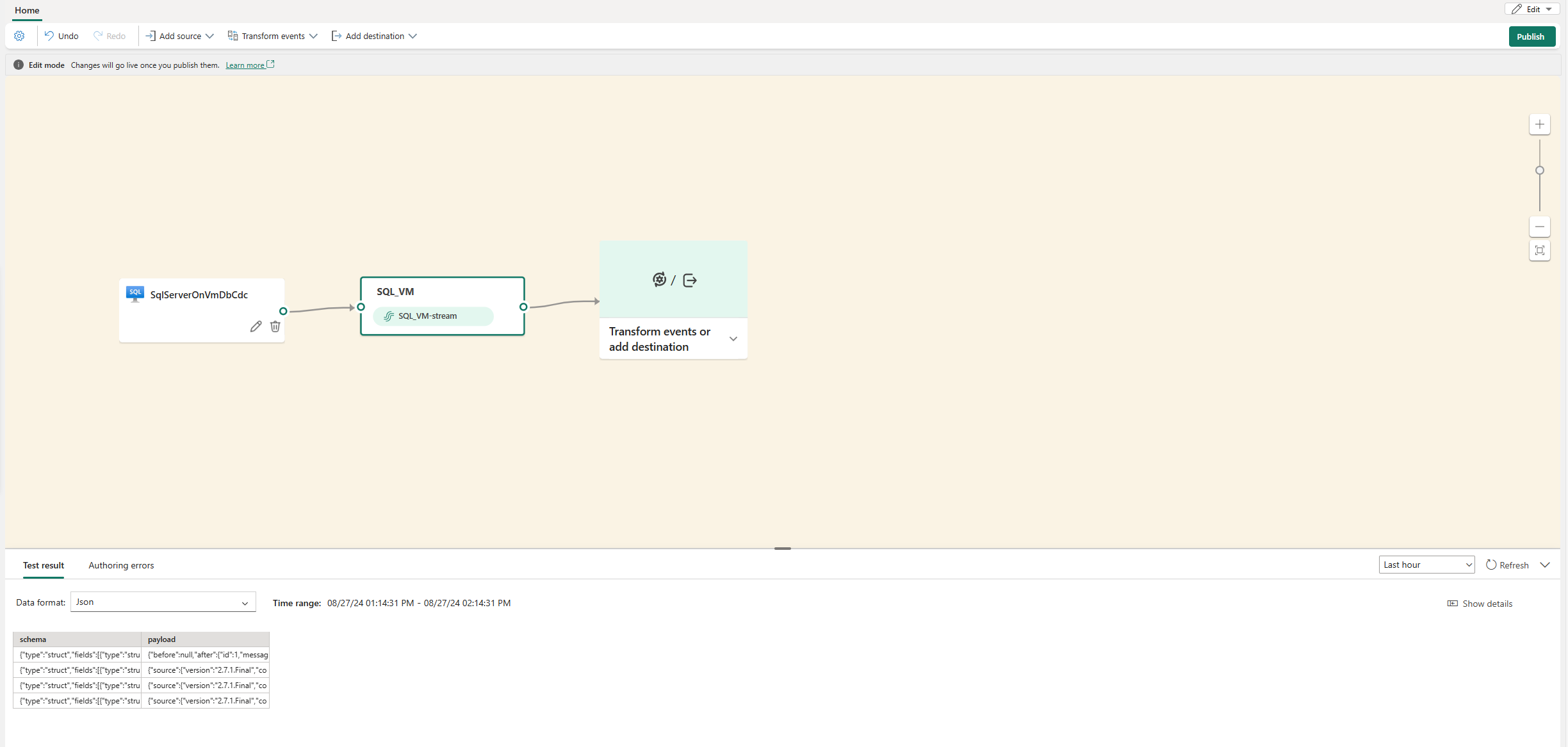 Uma captura de tela do SQL Server adicionado na fonte VM DB CDC no modo de edição com o botão Publicar realçado.