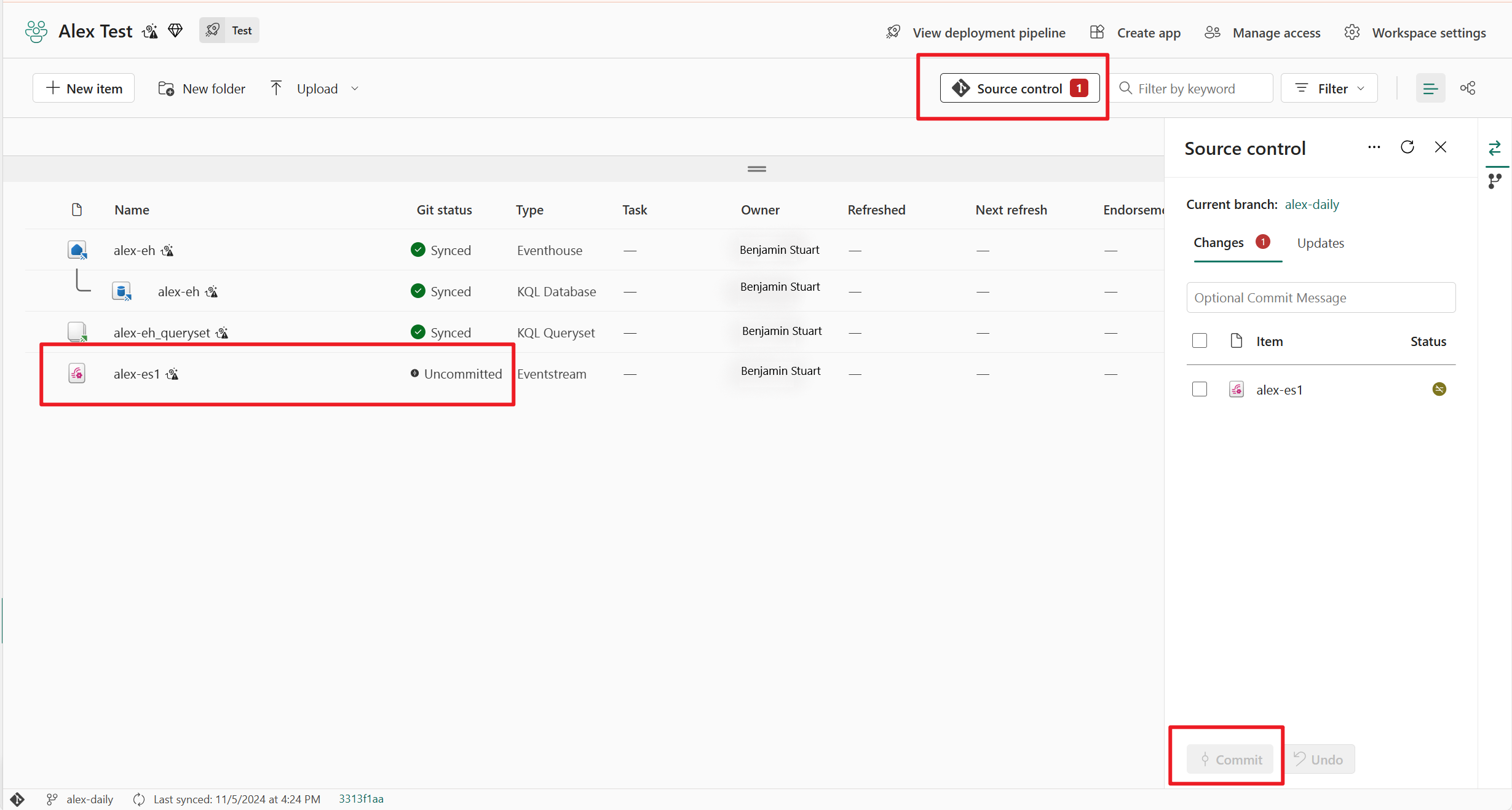 Captura de tela que mostra o item de fluxo de eventos não confirmado no espaço de trabalho.