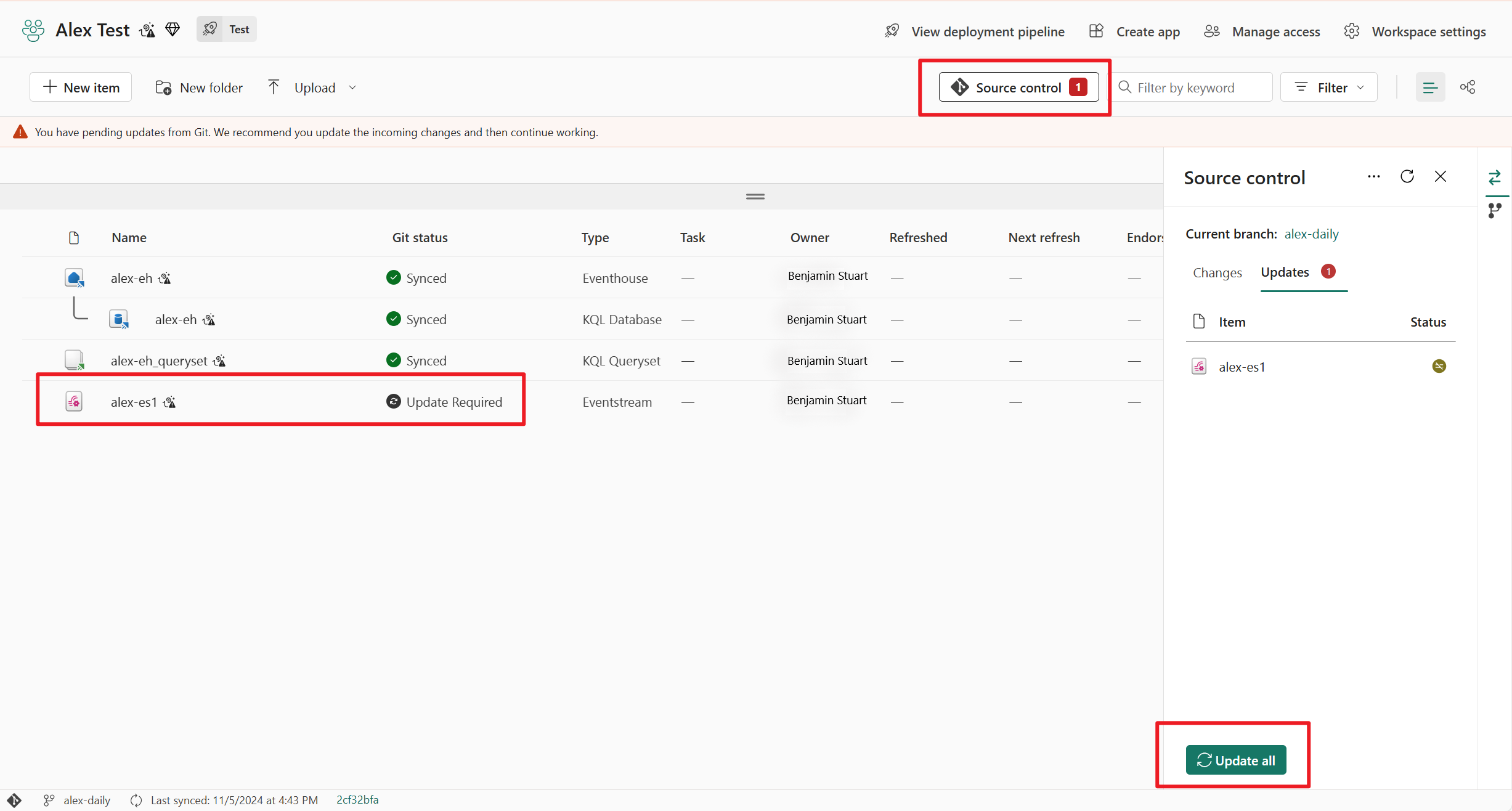 Captura de tela que mostra itens de fluxo de eventos de atualização do git.