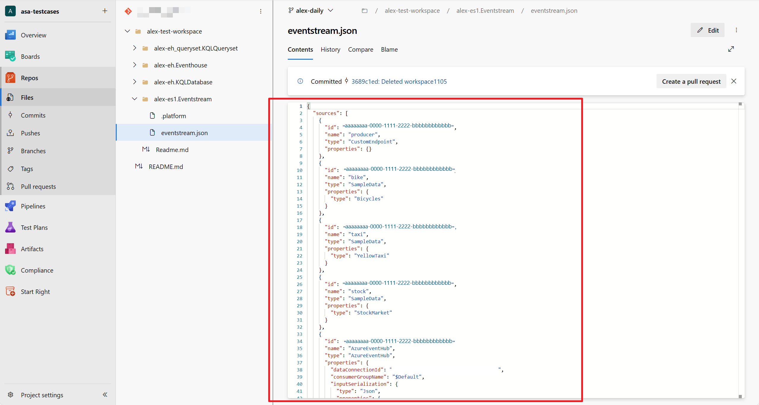 Captura de tela que mostra a última alteração do Eventstream no repositório git.