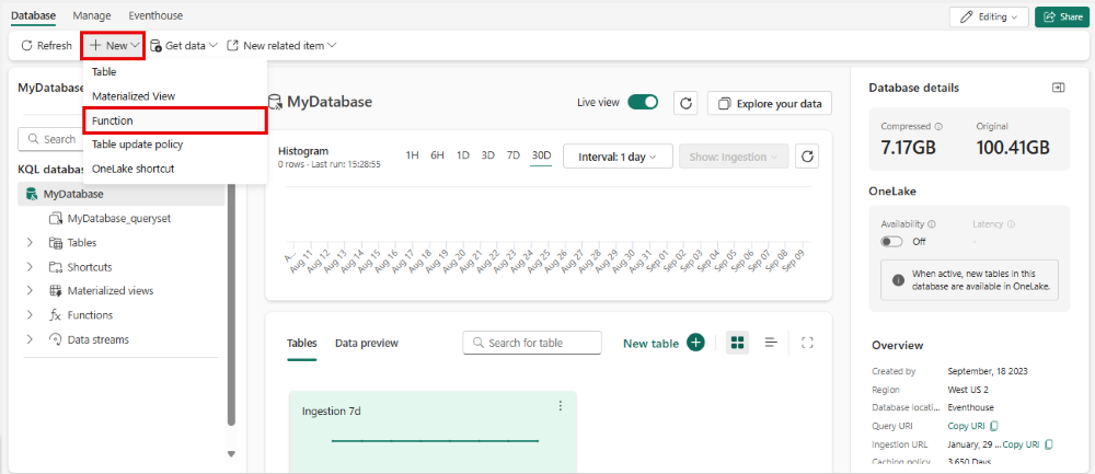 Captura de ecrã de uma página inicial da base de dados KQL mostrando o menu suspenso da opção 'Nova'. A opção intitulada Função está destacada.