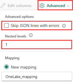 Captura de tela das opções avançadas de JSON.