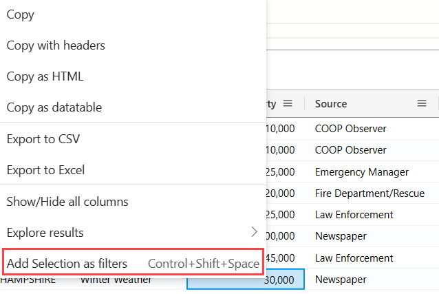 Captura de ecrã de uma lista pendente com a opção Adicionar seleção como filtro para consultar diretamente a partir da grelha.