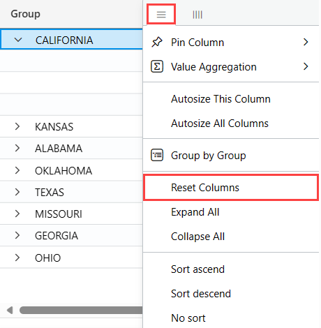 Captura de ecrã da definição de reposição de colunas realçada no menu pendente de colunas.