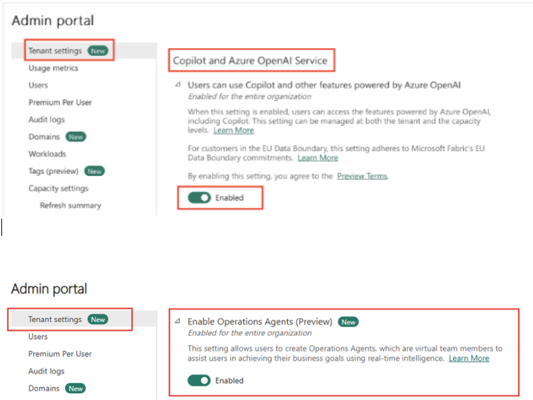 Captura de ecrã do portal de administração para ativar permissões.