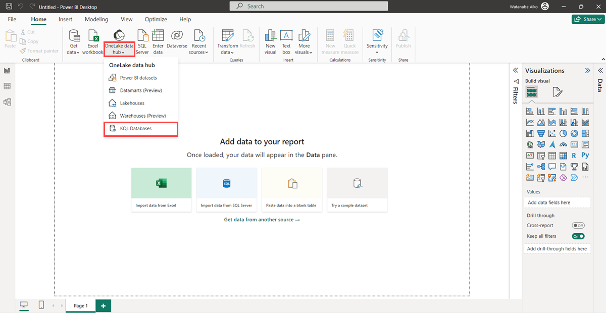 Captura de tela do Power BI Desktop mostrando o menu suspenso do hub de dados OneLake.
