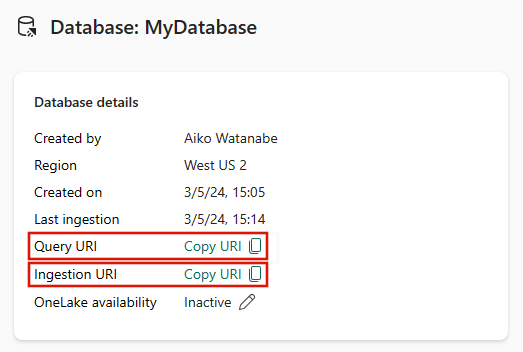 Captura de tela do cartão de detalhes do banco de dados mostrando os detalhes do banco de dados. As opções intituladas URI de consulta e URI de ingestão são realçadas.