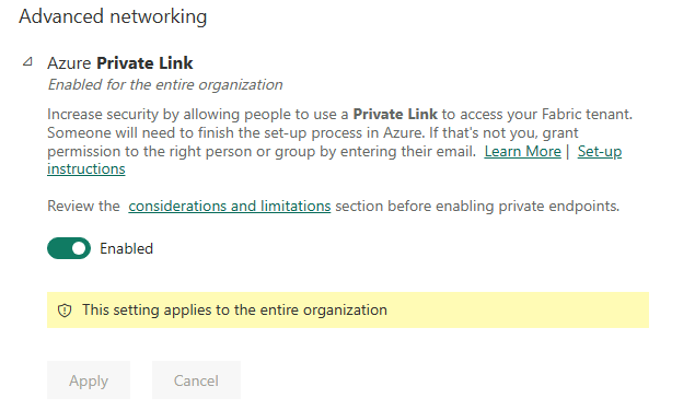 Captura de ecrã a mostrar a definição de inquilino do Azure Private Link.