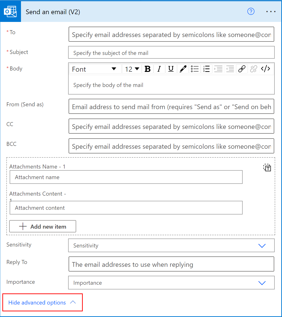 Mostrar/ocultar opções avançadas Captura de ecrã de mostrar opções avançadas.