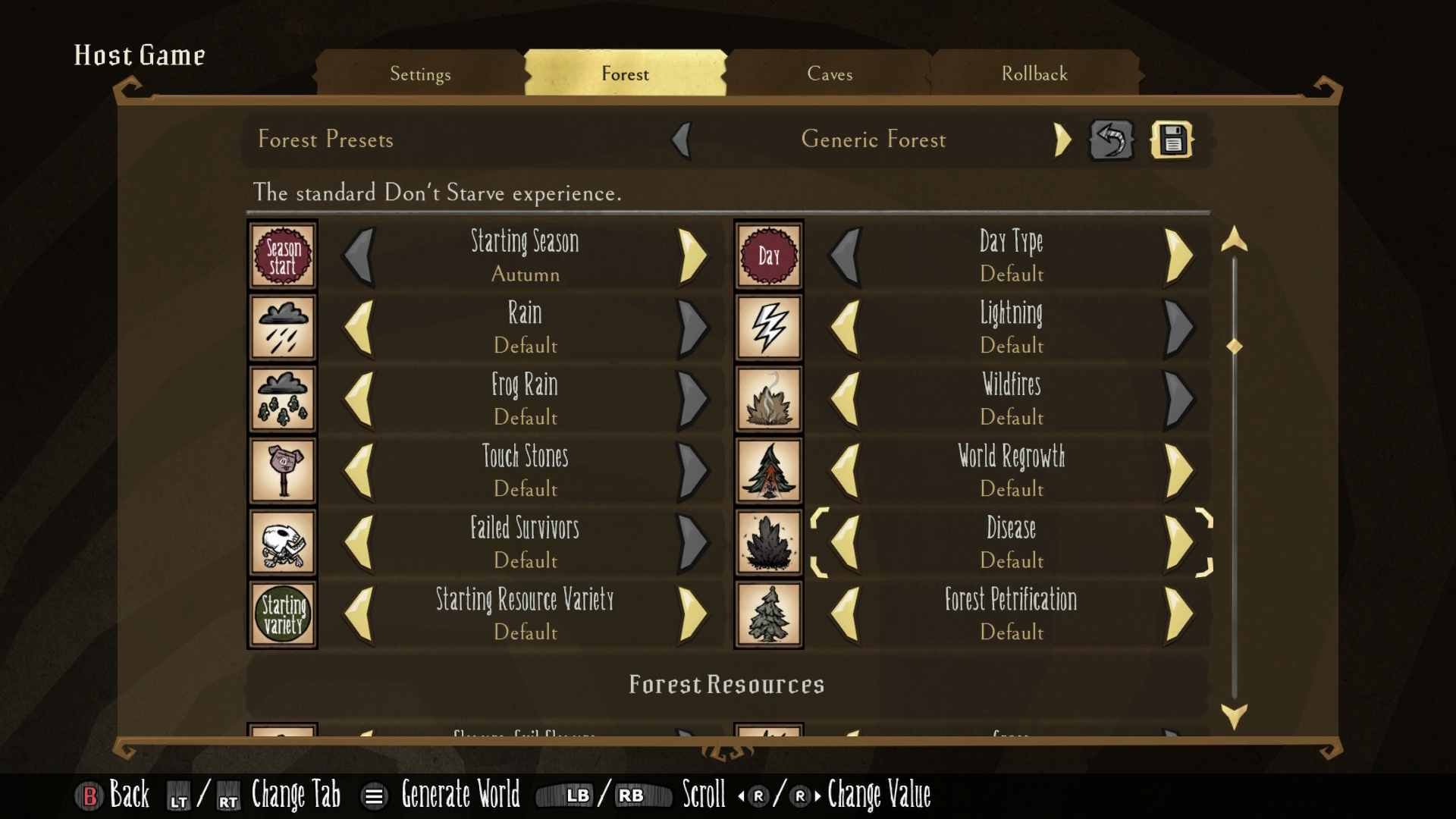 A screenshot of the Custom presets menu in Don't Starve Together.
