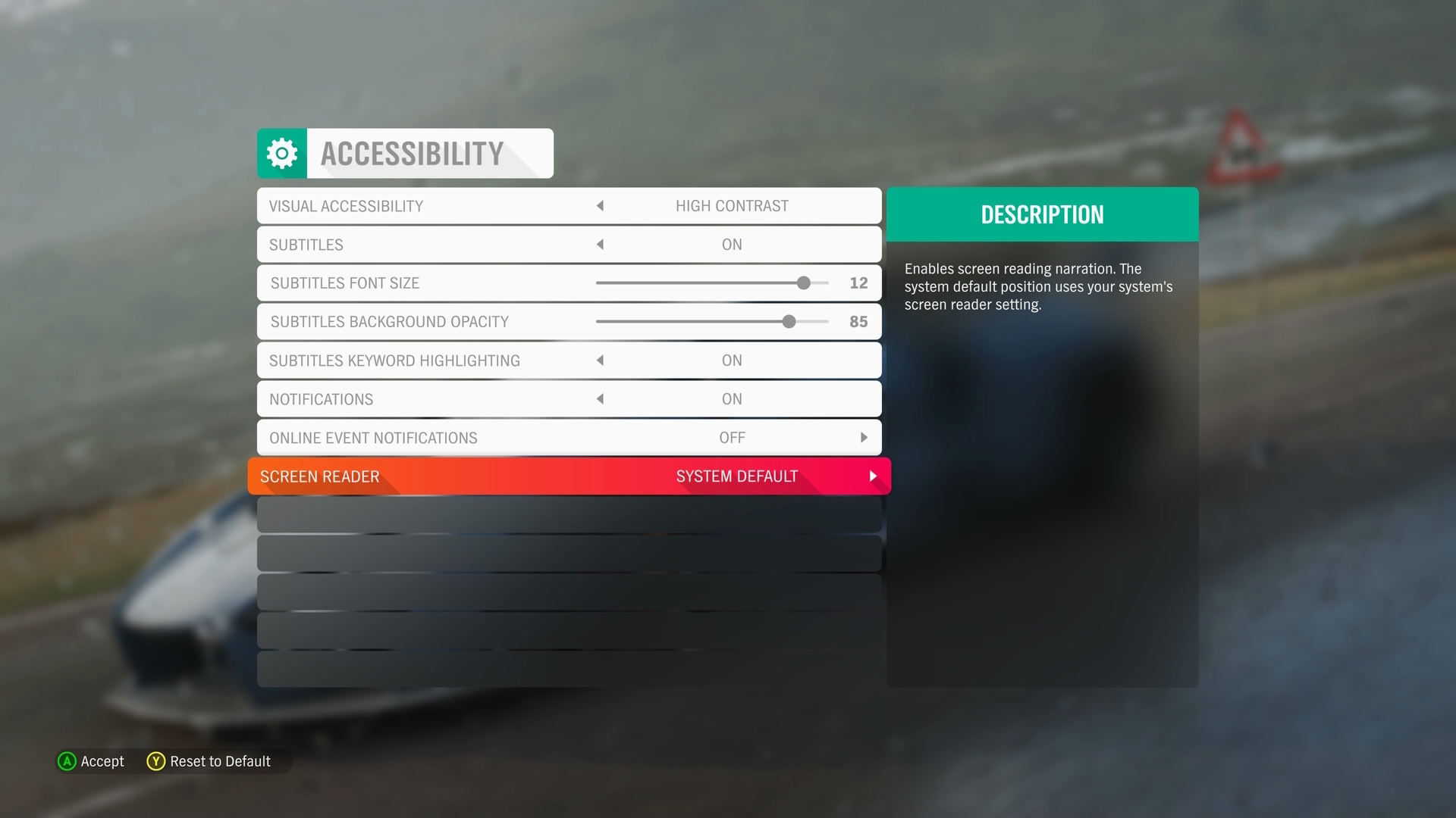 A screenshot from Forza Horizon 4 that shows the "Accessibility" settings menu. The "Screen Reader" item is highlighted and set to "System Default."
