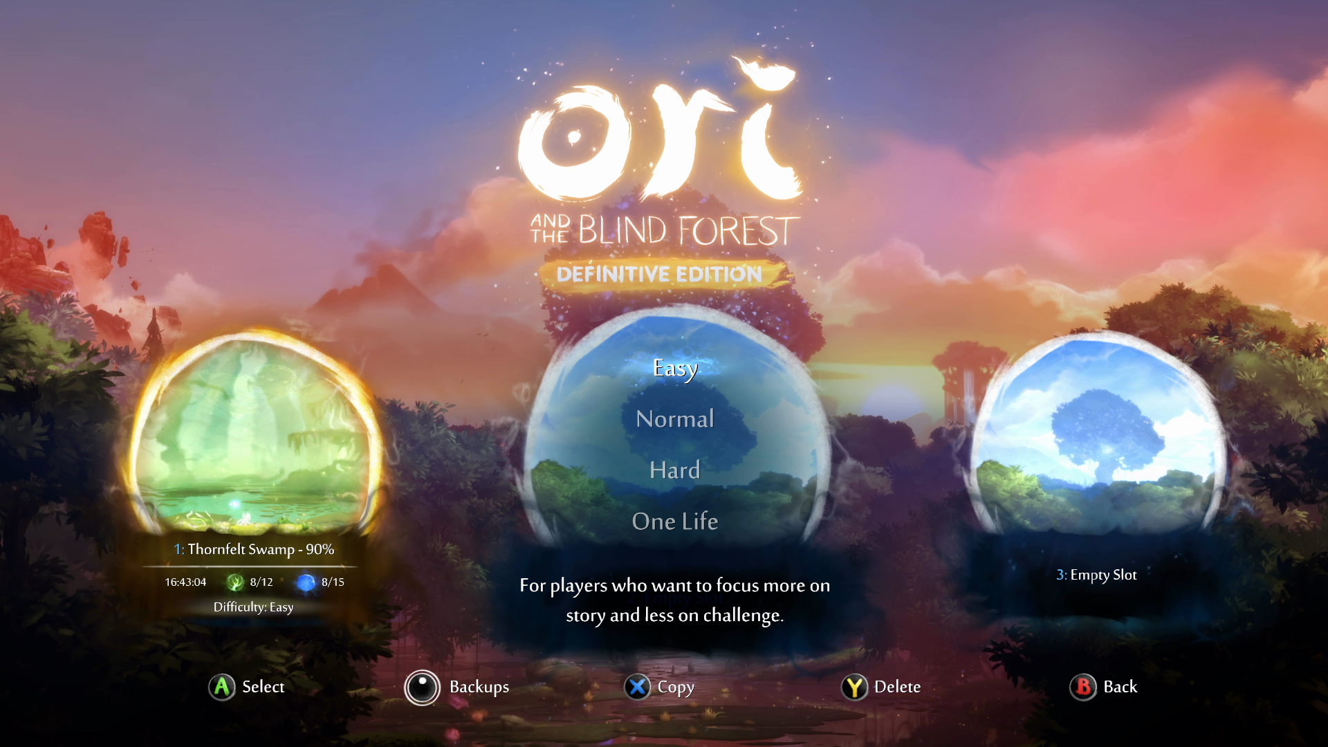 A screenshot of the difficulty menu in Ori and the Blind Forest: Definitive Edition. The player can choose Easy, Normal, Hard, or One Life. The player has selected Easy. The description text is, "For players who want to focus more on story and less on challenge."