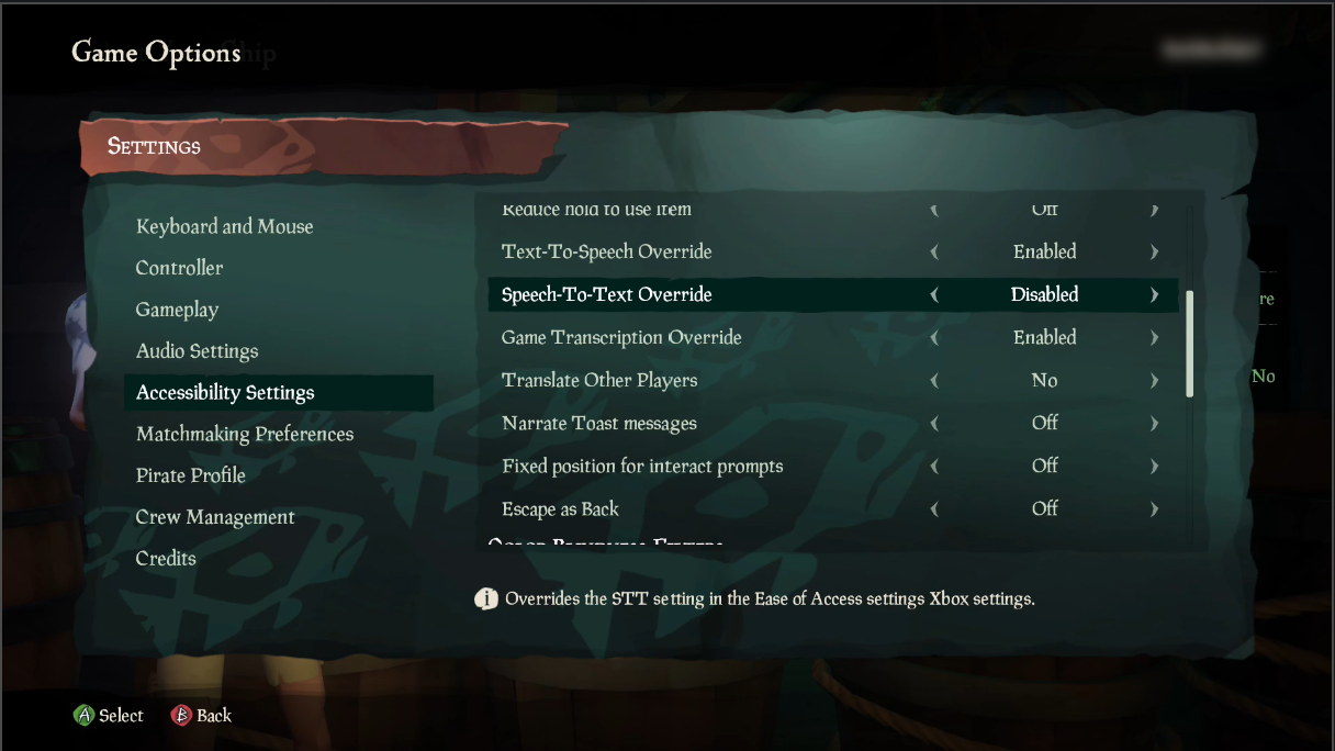A screenshot from Sea of Thieves that shows the "Game Options" menu. The "Accessibility Settings" tab is activated, and the "Speech-To-Text Override" option is highlighted and set to "Disabled."