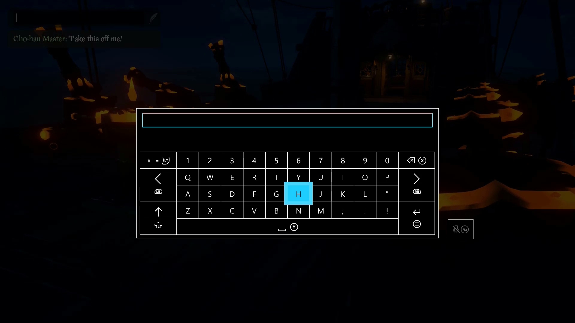 A screenshot from Sea of Thieves that displays the Xbox on screen keyboard. It appears over the rest of the game's UI.
