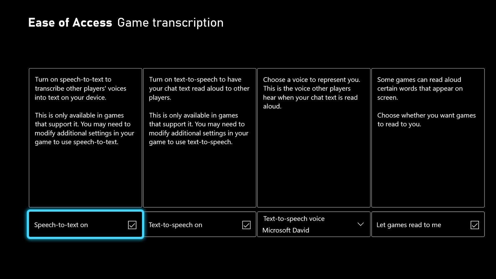  A screenshot from the Ease of Access settings in the Xbox Dashboard. The "Game Transcription" options are displayed and "Speech-to-text on" is highlighted and selected.