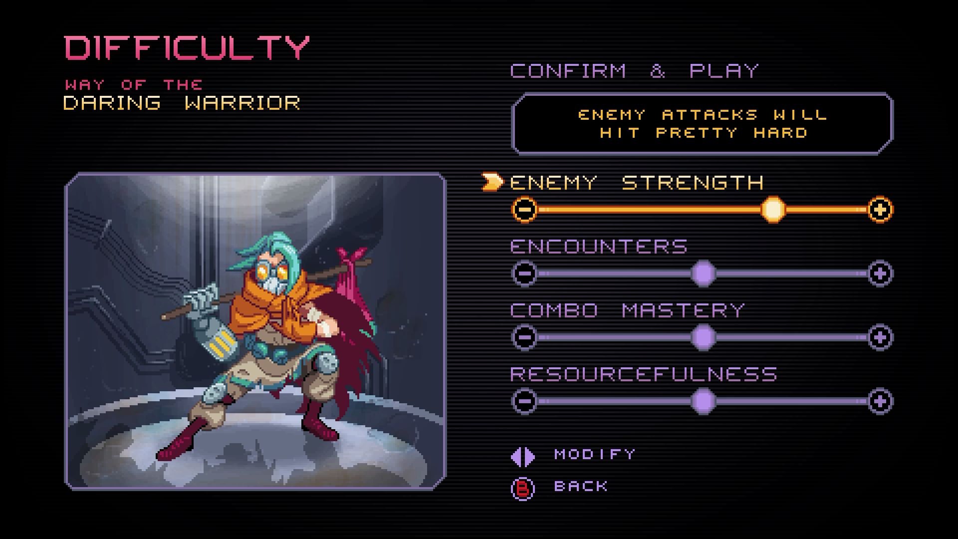 A screenshot of the difficulty menu in Way of the Passive Fist. The menu presents adjustable sliders for enemy strength, encounters, combo mastery, and resourcefulness.