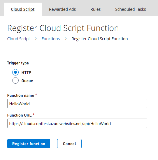 Register CloudScript Function