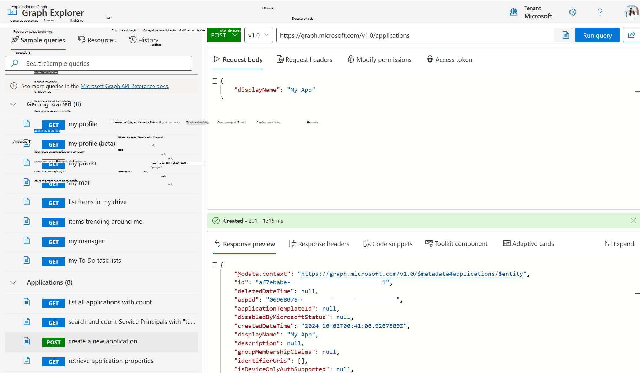 Captura de ecrã do Graph Explorer a executar uma consulta POST para criar uma nova aplicação.