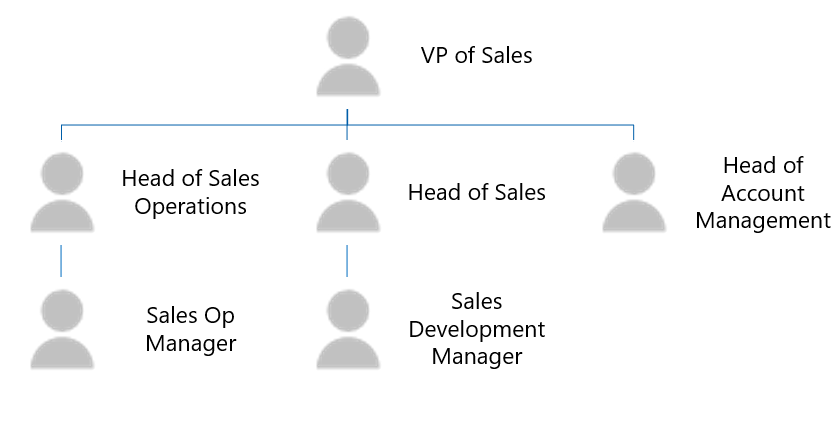 Diagrama de uma estrutura de funções no Salesforce. A função de vice-presidente de vendas está no nível superior da hierarquia e tem três subordinados, a saber, o chefe de operações de vendas, o chefe de vendas e o chefe de gerenciamento de contas. O chefe de operações de vendas tem um gerente de operações de vendas como subordinado. O chefe de vendas tem um gerente de desenvolvimento de vendas como subordinado.