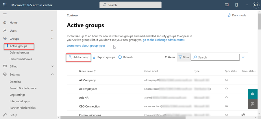 Uma captura de tela mostrando os grupos ativos no Centro de administração do Microsoft 365.