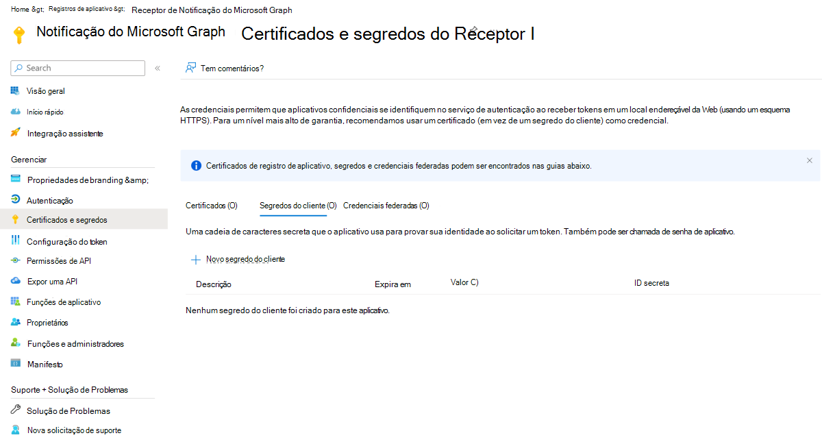 Captura de ecrã de certificados de aplicação e segredos no centro de administração do Microsoft Entra