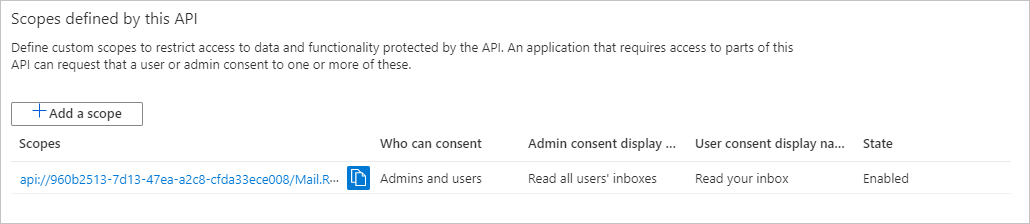Uma captura de tela dos escopos definidos para o registro do aplicativo do Azure Function