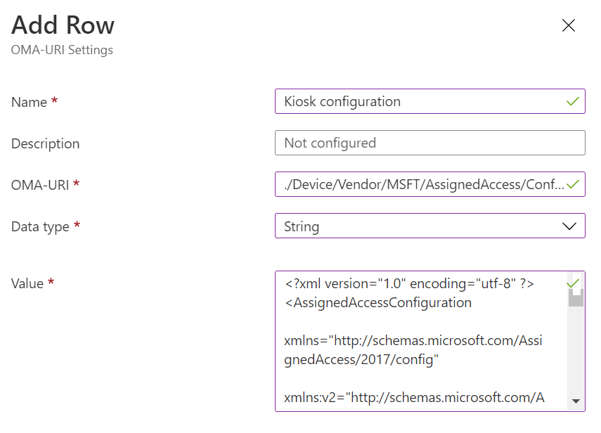 Especifique OMA-URI configurações.