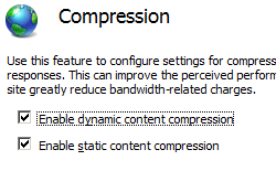 A captura de tela mostra o painel Compactação com Habilitar compactação de conteúdo dinâmico e habilitar caixas de compactação de conteúdo estático selecionadas.