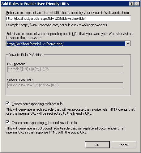 Screenshot of the Add Rules to Enable User-Friendly U R L dialog box. The corresponding public U R L field is highlighted.