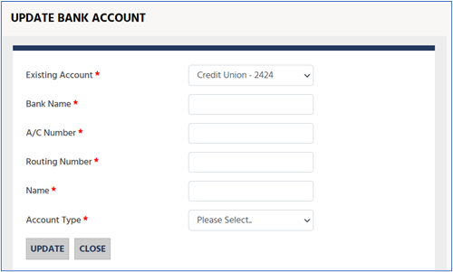 Fields required for updating bank account Fields required for updating bank account.