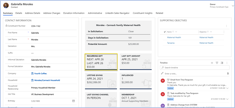 Select Recurring Gift in the summary section of a contact record Select Recurring Gift in the summary section of a contact record.