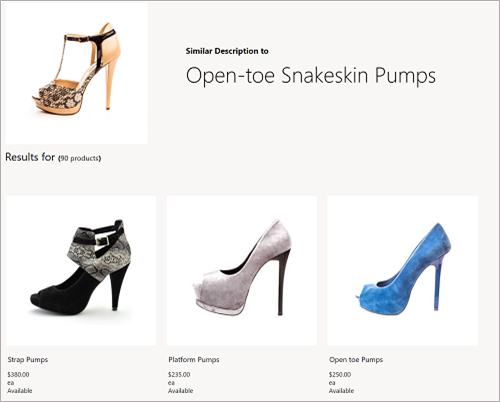 Exemplo de Loja semelhante pela descrição que mostra produtos com descrições semelhantes aos sapatos de salto alto com estampagem de leopardo.