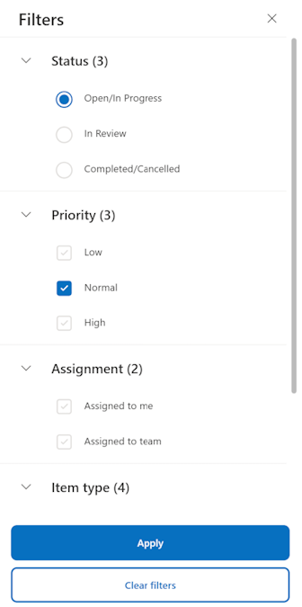 Captura de ecrã que mostra filtros aplicados na Lista de tarefas.