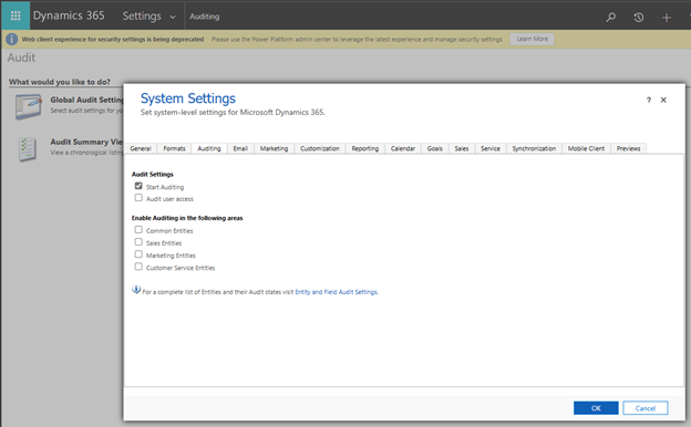 Captura de ecrã do separador Auditoria com a caixa de verificação Iniciar Auditoria selecionada.