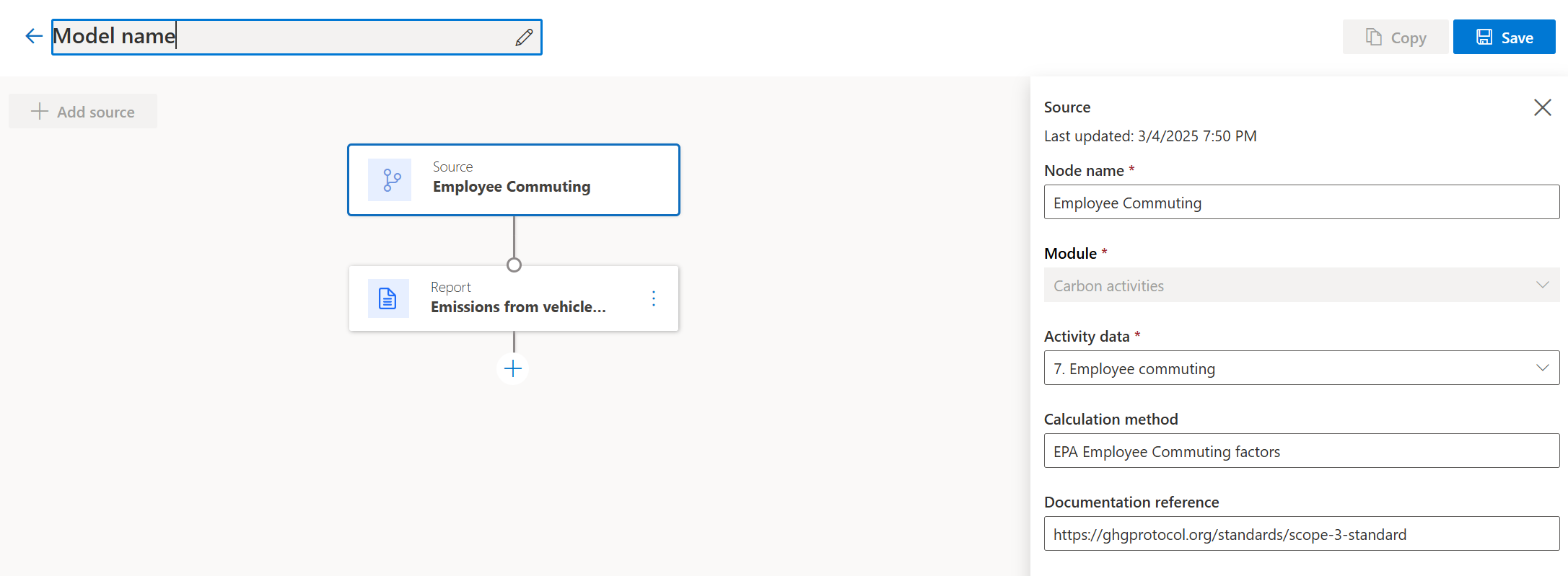 Captura de ecrã que mostra o Nome do modelo de cálculo.