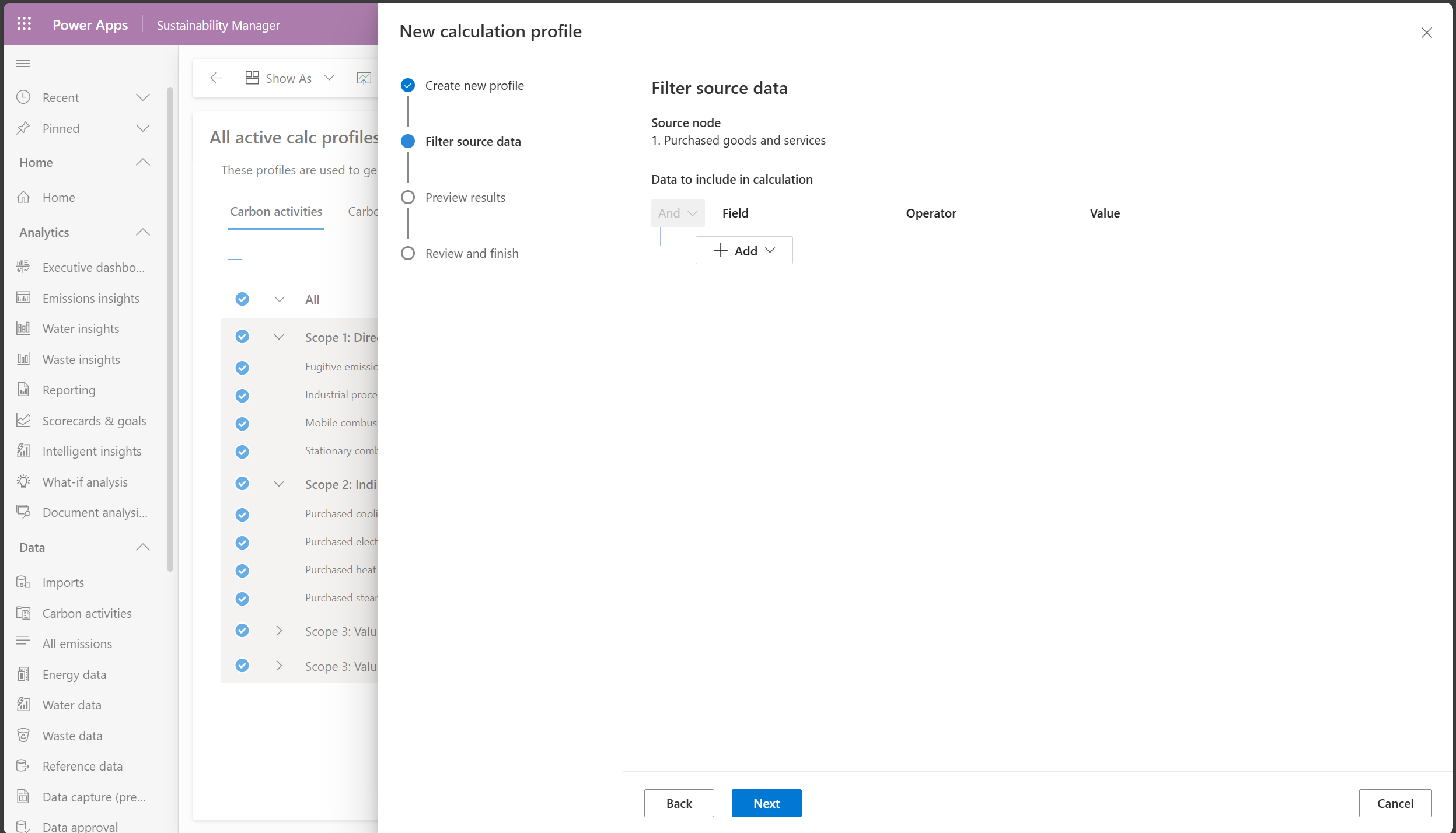 Captura de ecrã que mostra o painel de dados de origem do filtro.