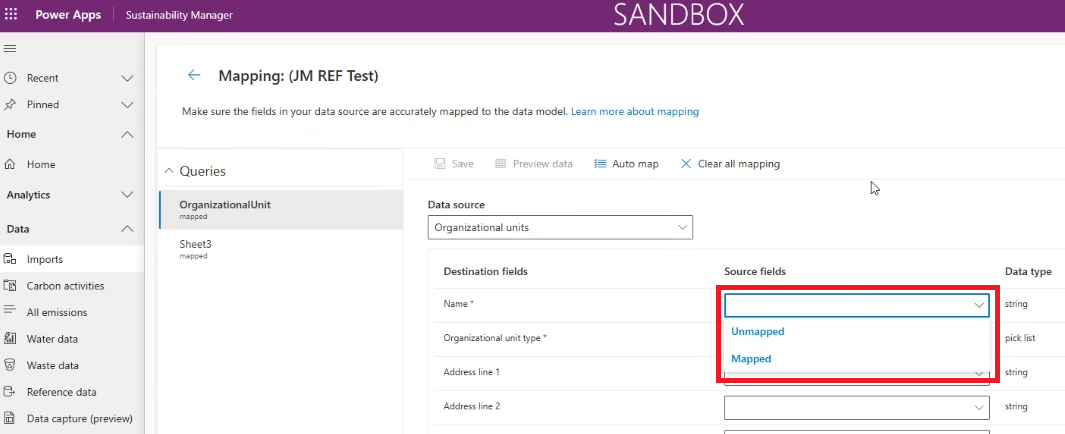 Captura de ecrã da página Mapeamentos que mostra os campos de origem como não mapeados.