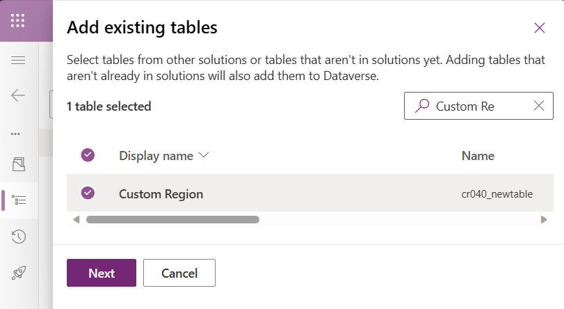 Captura de ecrã da adição da tabela Região Personalizada à solução nova.