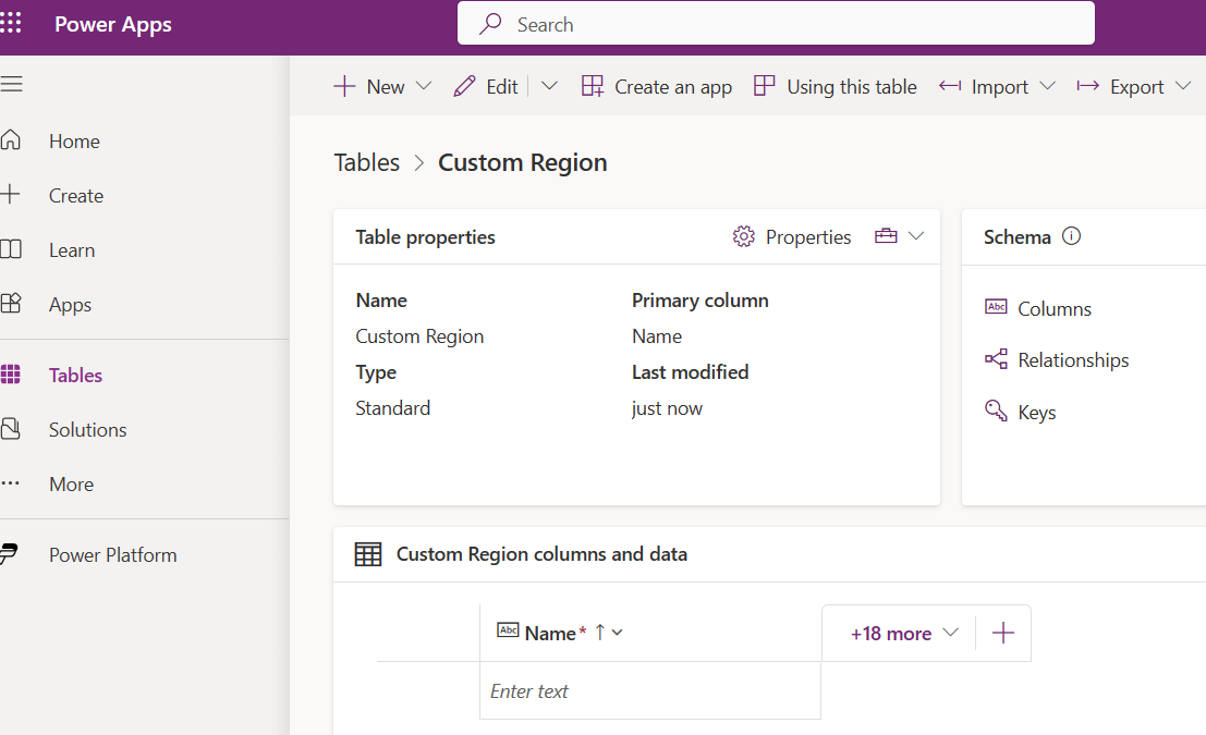 Captura de ecrã de uma nova tabela denominada Região Personalizada.