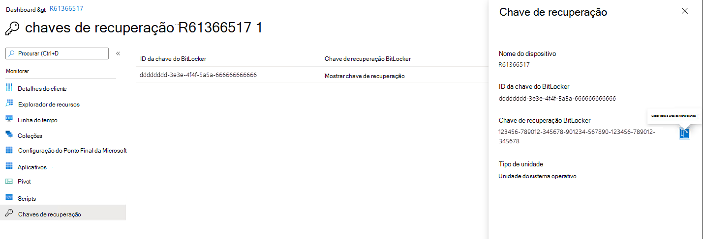 Microsoft Endpoint Manager centro de administração (pré-visualização) Chaves de recuperação