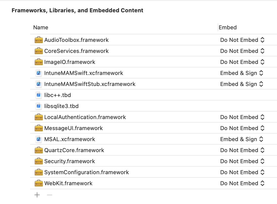 SDK do aplicativo do Intune Estrutura do iOS: exemplo de estruturas Xcode, bibliotecas e conteúdo inserido