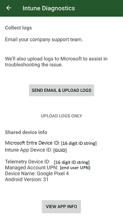 IU do Diagnóstico do Intune Informações do
