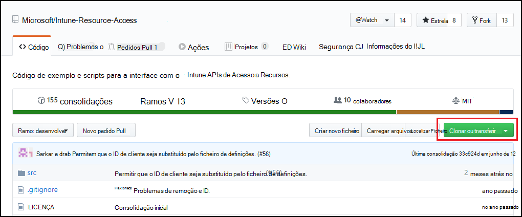 Botão do GitHub Code mostrando as opções de download e clonagem para o projeto do PowerShell de Importação de PFX
