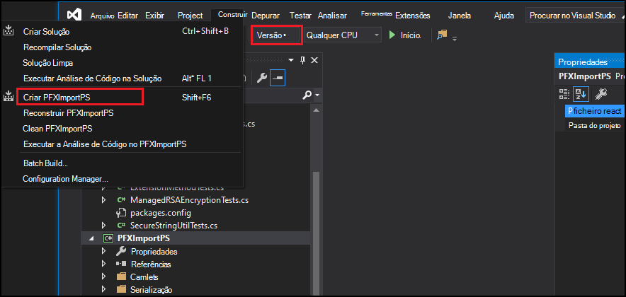 Menu Compilar do Visual Studio com o comando Compilar PFXImportPS realçado