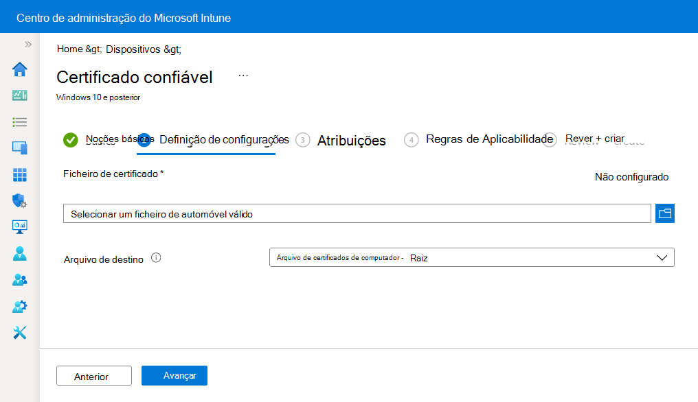Formulário de perfil de configuração com opções de armazenamento e campo de upload de certificado e repositório de destino