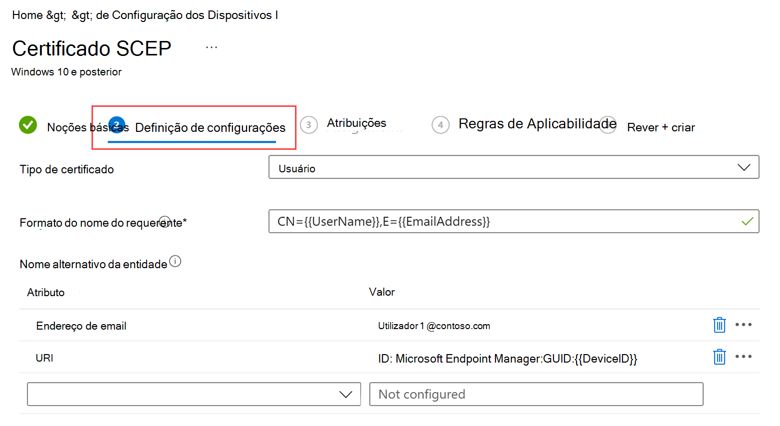 Perfil de certificado SCEP Seção de definições de configuração