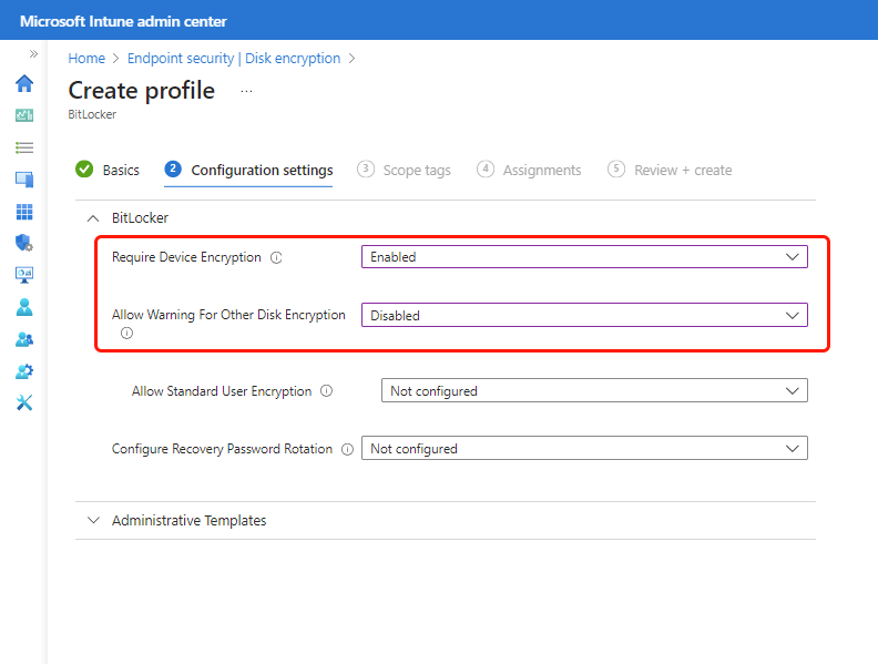 Captura de ecrã de duas definições do BitLocker necessárias para ativar a encriptação silenciosa.
