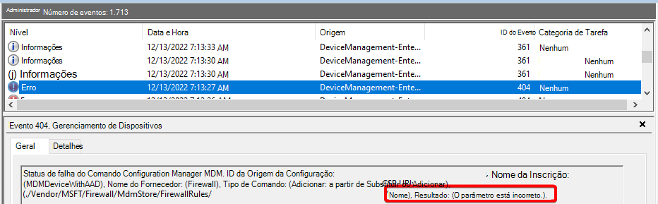 Captura de tela da falha de nome